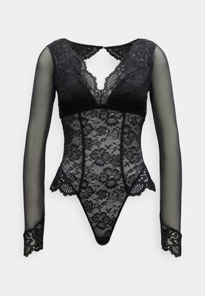 Schwarzer Spitzen-Body mit langen transparenten Ärmeln, floralen Mustern, tiefem V-Ausschnitt und wellenförmigem Saum. Verfügt über einen Schlüsselloch-Rücken und einen dezenten Glanz.