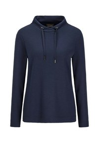 Maglia lunga a maniche lunghe blu navy con un motivo a costine testurizzato, presenta un colletto a cowl con lacci regolabili e punte metalliche argentate.