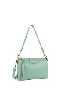 Borsa a tracolla in pelle verde menta con una forma strutturata. Caratterizzata da dettagli in oro, una tracolla staccabile e una chiusura con zip superiore. Logo sul davanti.