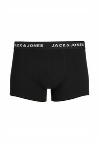 Melni kokvilnas bokseršorti ar piegulošu dizainu, ar platu elastīgu jostasvietu, uz kuras ir uzraksts "JACK & JONES" kontrastējošā baltā krāsā.