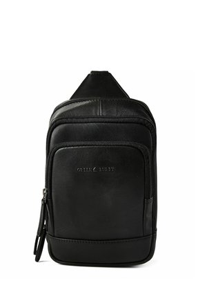 Sac bandoulière en cuir noir avec poche zippée à l'avant et logo embossé "Green Burry" sur fond blanc.