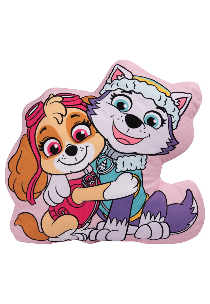 Cuscino a forma di personaggio che presenta due cani dei cartoni animati, uno con pelo marrone e accenti rosa, l'altro grigio con abbigliamento blu, su uno sfondo rosa.