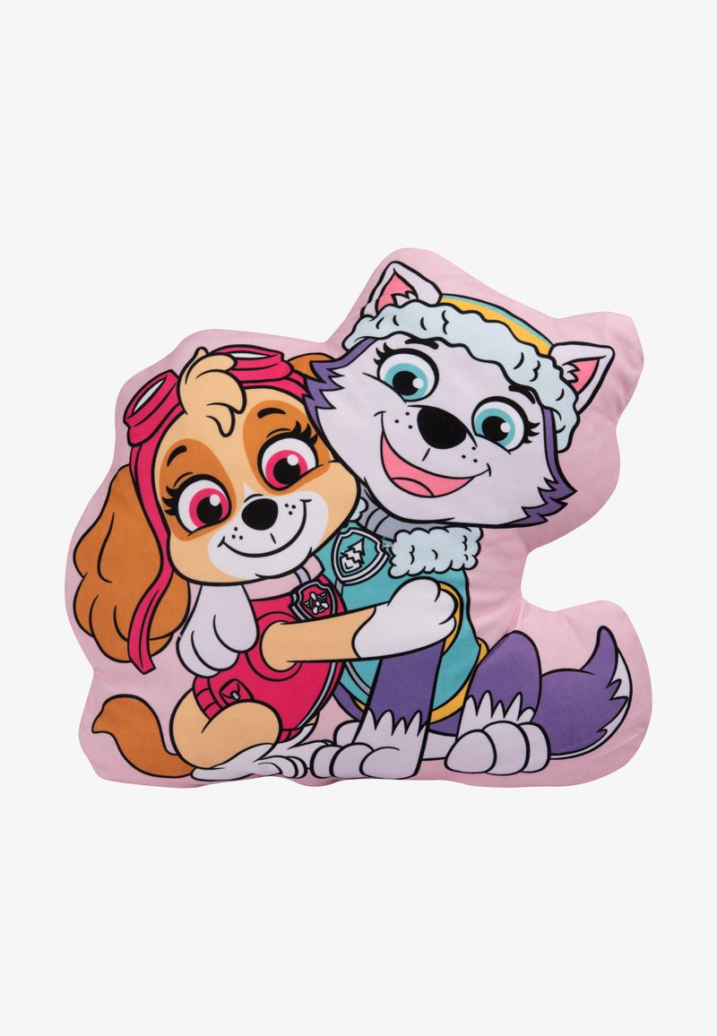 Cuscino a forma di personaggio che presenta due cani dei cartoni animati, uno con pelo marrone e accenti rosa, l'altro grigio con abbigliamento blu, su uno sfondo rosa.