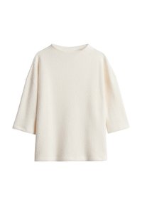 Top a maniche lunghe di colore off-white, con una vestibilità ampia e maniche larghe, caratterizzato da un semplice scollatura rotonda.