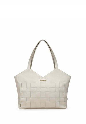 Bolsa tote beige con patrón de cuero tejido, dos asas para el hombro y un pequeño logo dorado de la marca en el centro frontal.