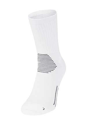 Biały skarpetka sięgająca do połowy łydki z czarnymi poziomymi paskami wokół kostki oraz małą czarną cyfrą "7" w okolicy palców.