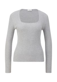 Gray ribbed long-sleeve top with a square neckline. Made of soft fabric, it features a fitted shape and textured vertical stripes throughout.
