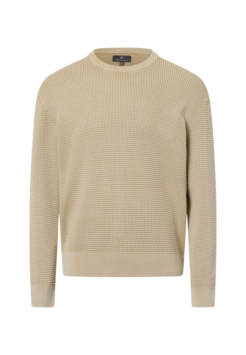 Beige Strickpullover mit strukturiertem Muster, rundem Ausschnitt und gerippten Bündchen und Saum. Hergestellt aus einem weichen, leichten Material.