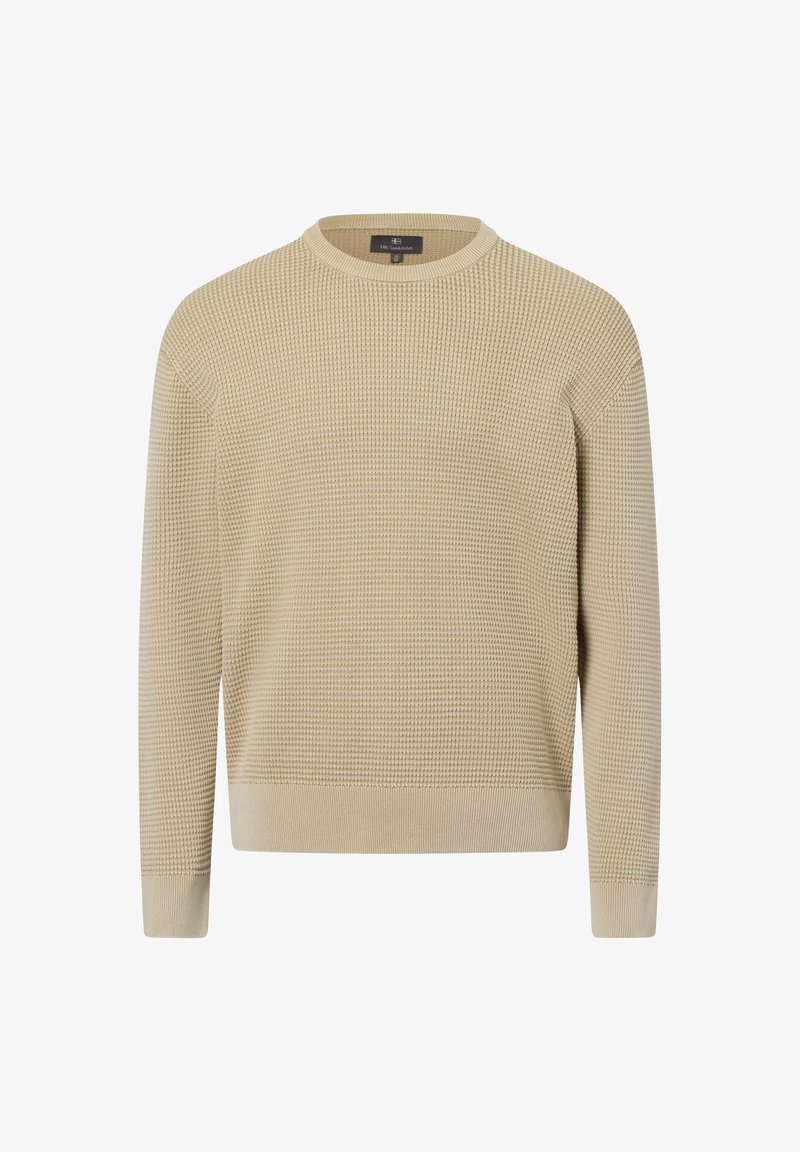 Beige Strickpullover mit strukturiertem Muster, rundem Ausschnitt und gerippten Bündchen und Saum. Hergestellt aus einem weichen, leichten Material.