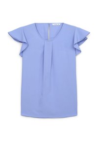 Blusa blu chiaro a maniche corte con dettagli arricciati, scollatura tonda, pieghe davanti e apertura a oblò sulla schiena.