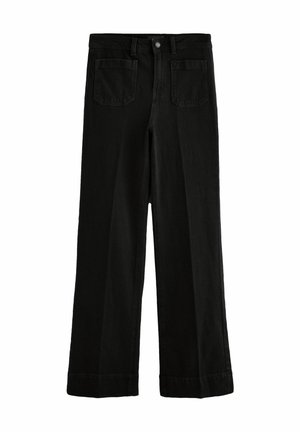 Schwarze weit geschnittene Jeans aus Denim, mit hoher Taille, zwei Gesäßtaschen und einem Knopfverschluss. Glatte Textur mit sauberem Finish.
