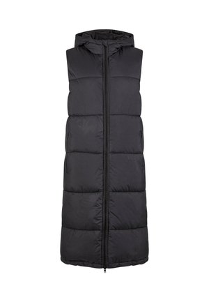 Veste sans manches noire rembourrée avec capuche, fermeture éclair à l'avant, et motif matelassé horizontal, fabriquée à partir d'un matériau synthétique lisse.
