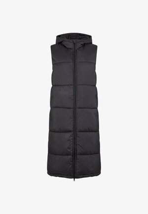 Schwarze gepolsterte ärmellose Weste mit Kapuze, Vorderreißverschluss und horizontalem Steppmuster, aus einem glatten synthetischen Material gefertigt.
