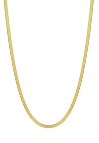 Złocony metalowy naszyjnik łańcuszkowy z gładkim, płaskim wzorem w warkocz. Cecha elastycznego, zaokrąglonego kształtu i polerowanego wykończenia.
