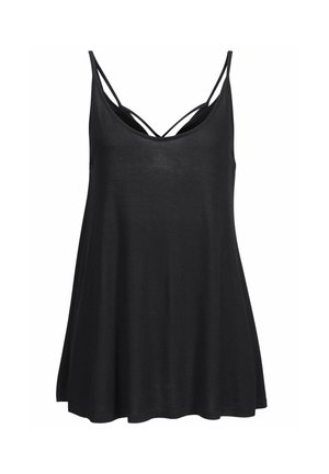 Schwarzes ärmelloses, lockeres Tanktop mit doppelten dünnen Schulterriemen und einem gekreuzten Detail am Ausschnitt.