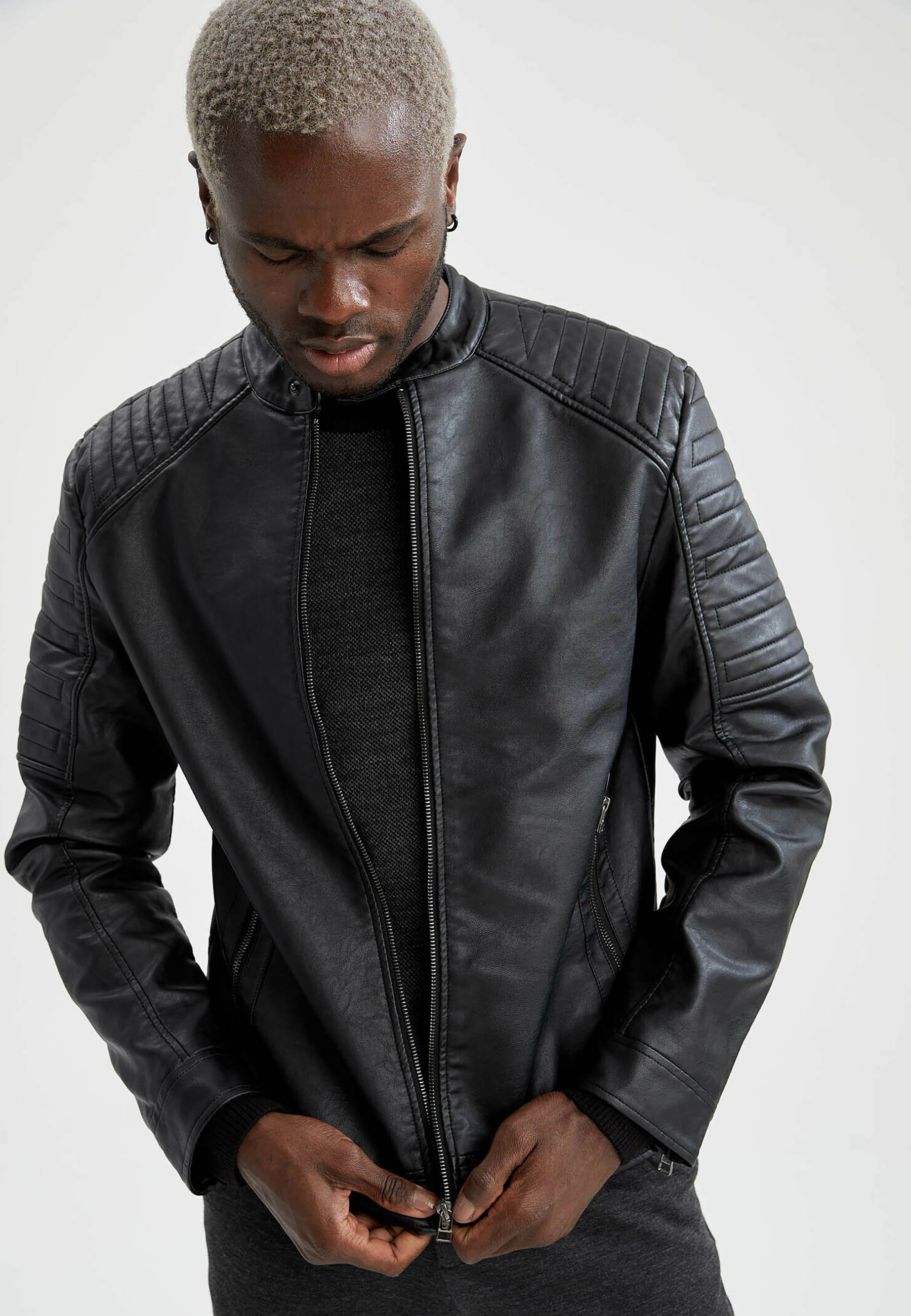 DeFacto SLIM FIT - Chaqueta de cuero sintético - black/negro - Zalando.es
