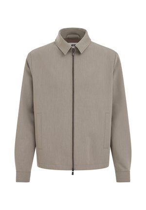 Veste beige à fermeture éclair avec col montant, manches longues, poches latérales et texture de tissu lisse, présentée sur un fond blanc.
