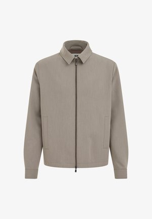 Veste beige à fermeture éclair avec col montant, manches longues, poches latérales et texture de tissu lisse, présentée sur un fond blanc.