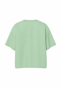 Světle zelené oversized tričko s krátkým rukávem a kulatým výstřihem, zobrazené ze zad na bílém pozadí.