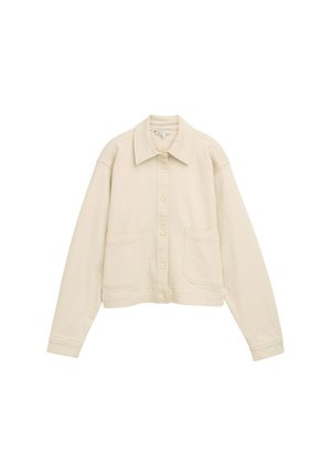 Helle beige Knopfjacke aus strukturiertem Stoff, mit einem Kragen, zwei Fronttaschen und langen Ärmeln. Cropped-Länge.