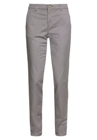 Grå, slim-fit chinos tillverkade av lätt bomull. Har en knäppning och bälteshällor. Slät textur med raka ben.