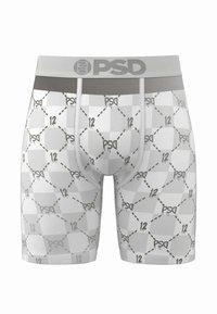White boxer briefs featuring a geometric print with gray accents, a logo waistband, and a smooth, stretchy fabric texture.