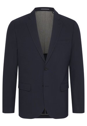 Námořnický modrý blazer z hladké látky s klopovým límcem, dvěma předními kapsami, zapínáním na jeden knoflík a světlou podšívkou.