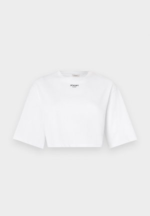 White cropped t-shirt made of cotton with wide short sleeves. Features a small black "JOOP! Jeans" logo printed on the front.