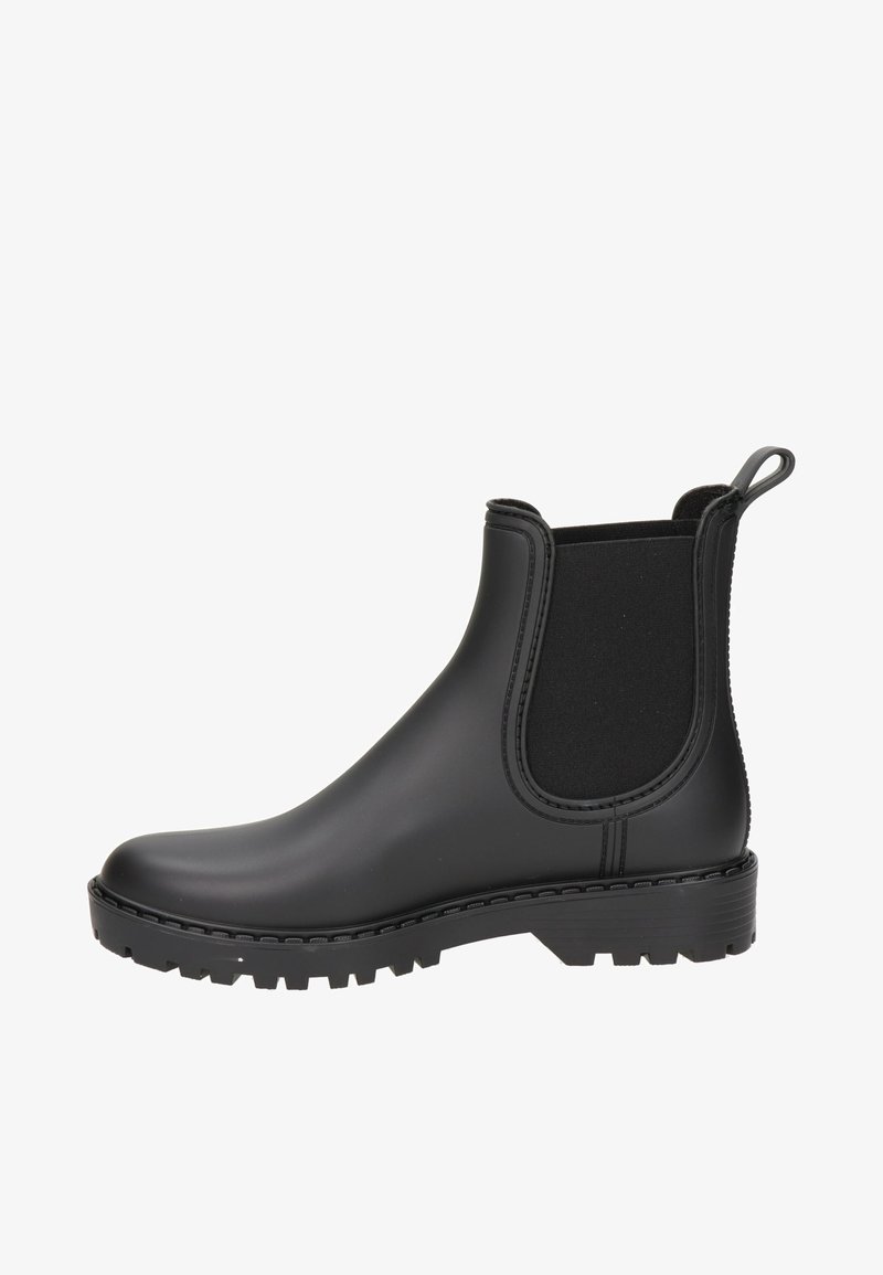 Černé gumové kotníkové boty s elastickými bočními panely, kulatou špičkou, texturovanou podrážkou a zadním poutkem pro snadné obouvání. Hladký povrch.