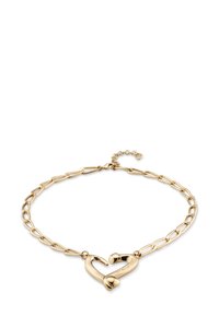 Pulsera de cadena de metal dorado con un diseño de corazón entrelazado. Los eslabones son alargados con un acabado texturizado y un cierre de broche.