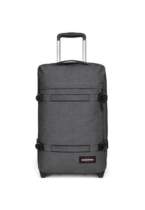 Maleta gris de lado suave con doble cremallera, correas ajustables, mango telescópico y patas de goma. Presenta el logo de Eastpak en la parte frontal.