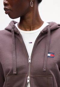 Brun zip-up hettegenser med snøring, med en frontlomme og et lite logo-patch. Brukt over en hvit skjorte med et tri-farget logo.