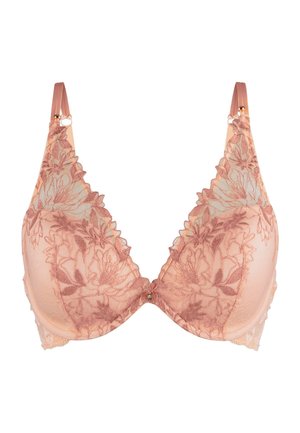 Lace bh in licht perzik met een bloemenpatroon, gevoerde cups, een geschulpte rand en verstelbare bandjes; goudkleurige hardware in het midden.