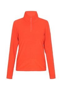 Langarm, met ritssluiting in fel oranje, gemaakt van zachte, gladde stof. Heeft een getailleerd ontwerp met platte naden.