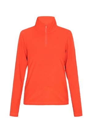 Duga majica s dugim rukavima i patentnim zatvaračem u svijetlo narančastoj boji, izrađena od mekog, glatkog materijala. Ima prilagođeni dizajn s ravnim šavovima.