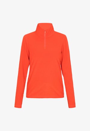Maglia a maniche lunghe con zip in un vivido arancione, realizzata in tessuto morbido e liscio. Presenta un design aderente con cuciture piatte.