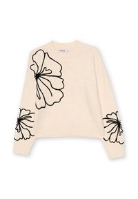 Suéter de punto crema con bordado floral negro en las mangas. Presenta un escote redondo y un corte relajado. Textura suave y material ligero.