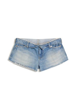Lichtblauwe denimshorts met rafelige zoom, voorzakken, riemlussen en een gestrikte tailleband.