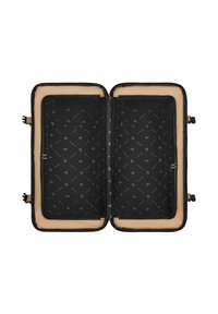 Une valise de voyage noire ouverte, révélant deux compartiments. Chacun possède un panneau en maille noire texturée avec un intérieur en tissu beige clair à motifs.