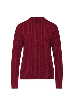 Langärmliger, taillierter Pullover in Burgunderrot mit einem geometrischen, labyrinthähnlichen Muster in einem etwas dunkleren Farbton.