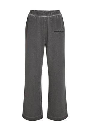Ciemnoszare szerokie spodnie z weluru z elastycznym paskiem w talii oraz logo "Karl Lagerfeld Jeans" na górnej lewej udzie.