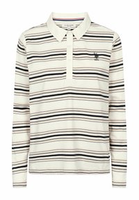 Langemouwen poloshirt in crème met horizontale marineblauwe en roze strepen, voorzien van een kraag en een knoopsluiting met drie knopen. Geborduurd logo op de borst.