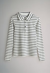 Long-sleeve polo shirt in white with black horizontal stripes, featuring a collar and button placket. Smooth texture, casual design.