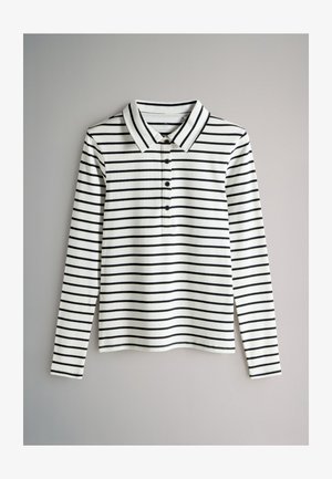 Hosszú ujjú fehér galléros póló fekete vízszintes csíkokkal, gallérral és gombos betéttel. Sima textúra, laza stílus.