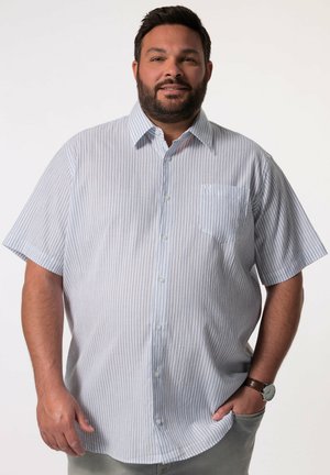 Homme avec une barbe portant une chemise rayée bleu clair à manches courtes et une montre, debout avec une main dans la poche devant un fond blanc uni.