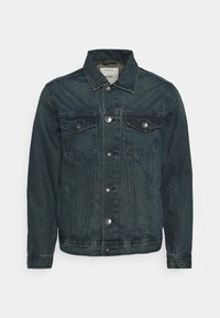 Dunkelblaue Jeansjacke mit klassischem Design, featuring einem spitzen Kragen, Frontknopfverschluss und zwei Brusttaschen.
