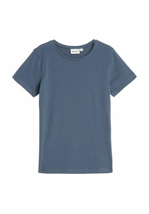 Mörkblå kortärmad t-shirt med rund halsringning, tillverkad av mjukt tyg. Har en enkel design utan mönster eller detaljer.