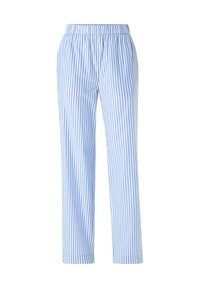 Blauwe en witte gestreepte pyjamabroek met een elastische tailleband, ruime pasvorm, rechte pijpen en een zachte katoentextuur.