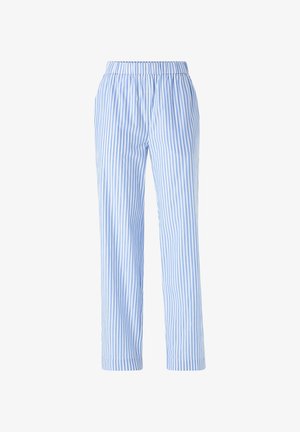 Blue and white striped pajama pants with an elastic waistband, loose fit, straight leg design, and a soft cotton texture.