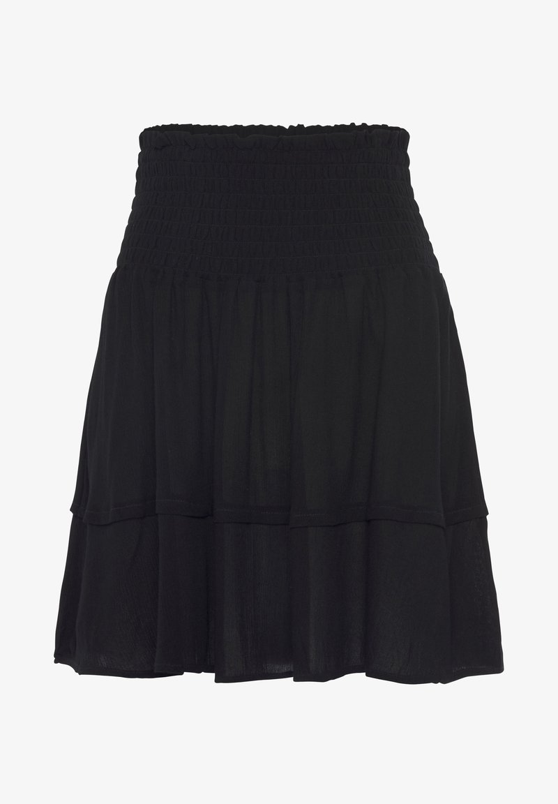 Jupe noire à volants avec large ceinture élastique smockée et couches de tissu fluides, conçue pour un usage décontracté ou semi-formel.